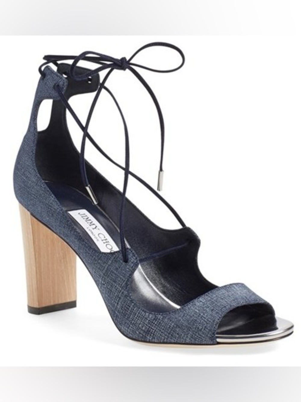 Jimmy Choo Vernie 65 mm Denim Lace-Up Open-Toe Heels sz. 39.5